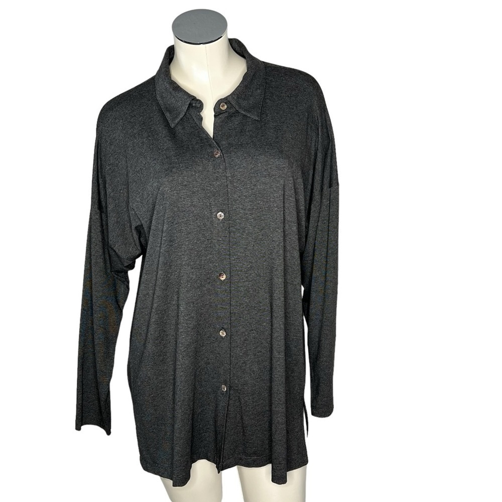 NWT BY JJ Women's Long Sleeve Button Down Grey Stretch Blouse Top Size L